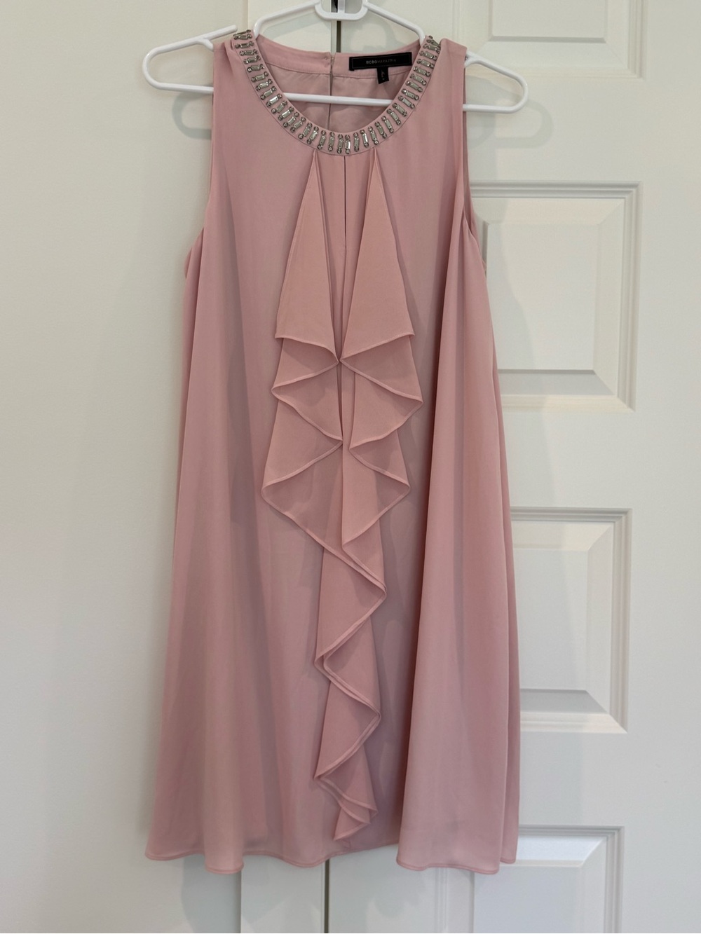 BCBGMaxAzria Dusty Pink Beaded Neckline Ruffle Mini Dress